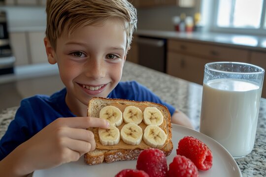 A boy takes a bite of a whole grain toast topped with peanut butter and banana slices