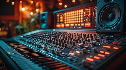 A close up shot of a professional mixing console