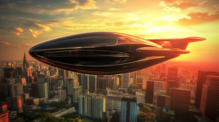 A futuristic electric air taxi hovers above a high-tech city skyline, illuminated by golden hour sunlight, featuring a sleek aerodynamic design and showcasing modern, sustainable urban transportation.