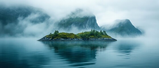 mysterious island shrouded in mist and surrounded by calm waters, Generative AI