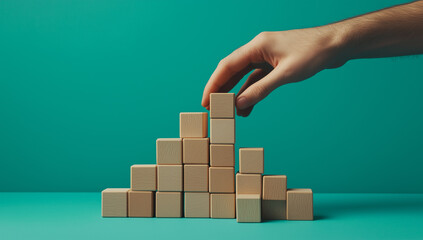 Hand Placing Wooden Block on Pyramid Structure of Similar Blocks, Solid Teal Background, Hand Carefully Adding Wooden Block to Stepped Pyramid-Like Structure Against Solid Teal Background