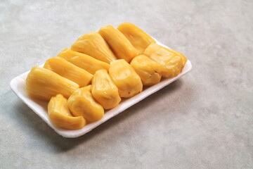 fresh yellow jackfruit or Nangka isolated on white background. Top View. 
