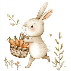 Minimalist Hopping Bunny with a Basket of Fresh Carrots in a Simple Playful Scene Perfect for Spring and Easter Themes Ideal for Children's Decor and Nature Lovers