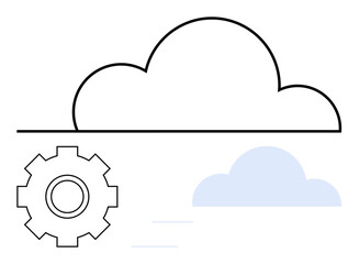 Cloud outline with gear for operations and blue cloud for data flow. Ideal for technology, cloud storage, innovation, automation, efficiency, data sharing, abstract line flat metaphor