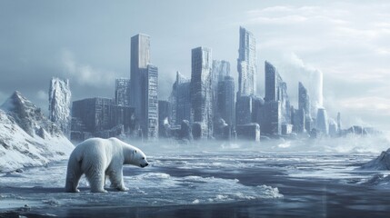 Polar Bear in Snowy, Frozen Cityscape