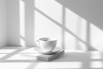 White cup and stacked books on a minimalist background  
