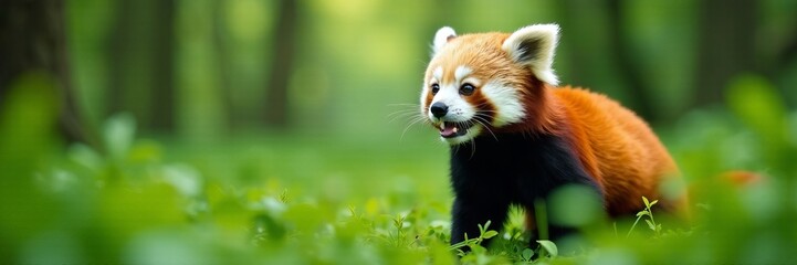 Playful red panda in a lush green forest habitat, mammal, forest, habitat
