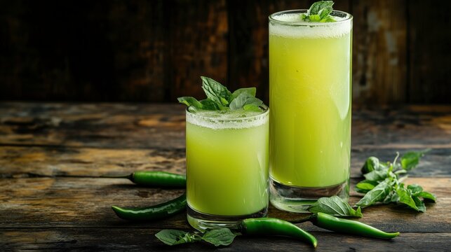 Refreshing Green Elixir: Two tall glasses filled with a vibrant green drink, garnished with fresh herbs, are set on a rustic wooden surface, capturing the essence of health and refreshment. 