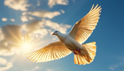 Obraz premium Graceful Dove Soaring Through Glowing Sun Rays