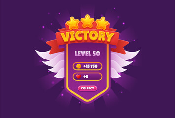 Game UI Level Win Popup: Victory Badge with Trophy Design. Tournament or Competition Interface Featuring Gold Coins on a Vibrant Purple Background.