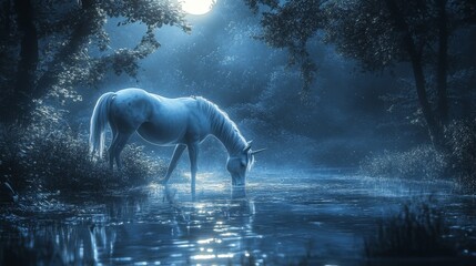 magical scene of a unicorn drinking from a moonlit stream, Generative AI