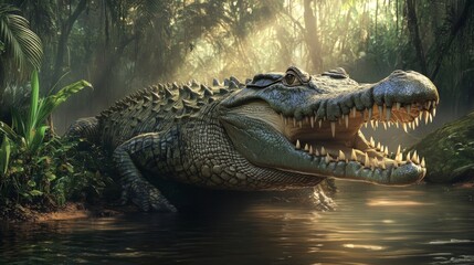Obraz premium Large Crocodile in a Tropical Swamp at Sunrise