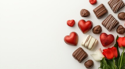 Romantic Valentine's Day Chocolate Assortment with Red Roses on White Background