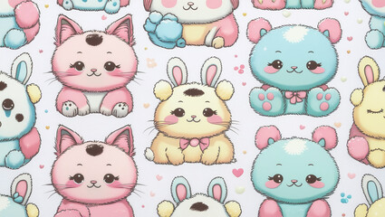 Vibrant yet soft color palette of pale pinks, baby blues, and minty greens.