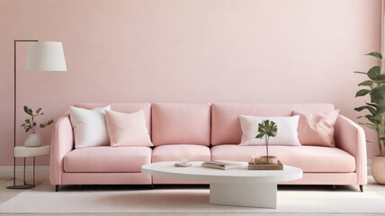 Modern Minimalist Living Room: Blush Pink Couch and White Table