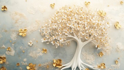 Modern 3D white tree of life with golden floral motifs wallpaper design, elegant solution for luxury interior decor, boutique hotel branding and artisanal packaging surfaces.