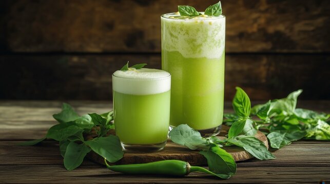 Refreshing Green Elixir: Two glasses brimming with a vibrant green concoction, adorned with fresh mint, sit invitingly on a rustic wooden surface, a testament to healthy living.