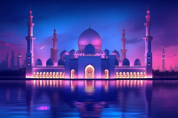 Fototapeta premium Majestic Mosque Illuminated at Twilight Reflecting in Water