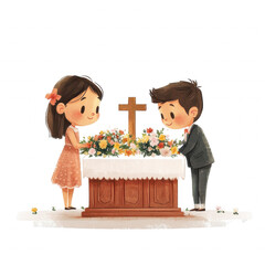Naklejka premium Religious Easter Cliparts – Cartoon Children Laying Flowers at Altar with Exaggerated Proportions on a Transparent Background