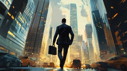Businessman walking through a bustling city street, towards a skyline of skyscrapers.