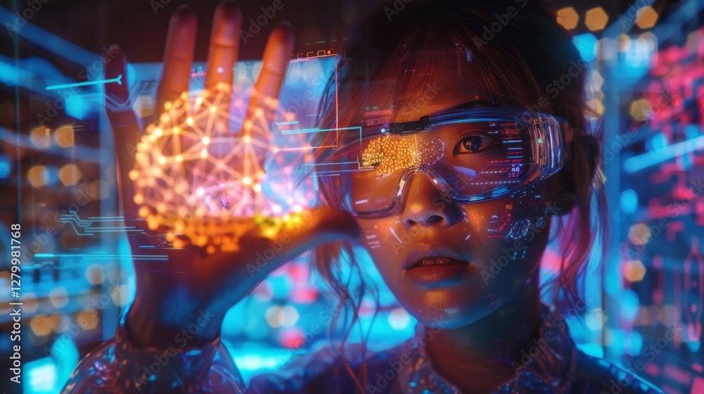 Poster a young researcher stands in a high tech laboratory, gazing at a glowing holographic brain projectio