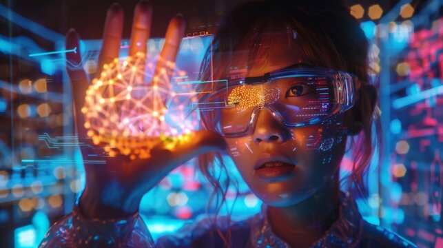A young researcher stands in a high tech laboratory, gazing at a glowing holographic brain projection while colorful lights illuminate the surroundings, emphasizing her focus on innovation.