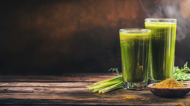 Healthy Green Elixir: Two glasses of vibrant green juice, complemented by fresh ingredients on a rustic wooden table, offering a refreshing and health-conscious lifestyle image. 