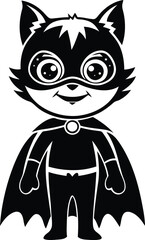 Cute cartoon cat character dressed as a superhero premium quality silhouette and line art vector illustration design