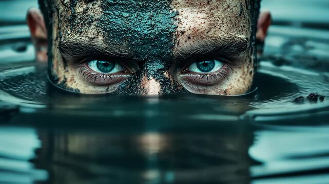 Intense gaze of person partially submerged in water with mud on face during outdoor activity at sunset