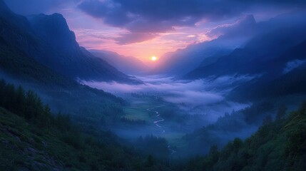 Serene sunrise over misty valley nature landscape photography tranquil environment panoramic view