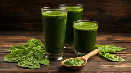 Fresh Green Elixir: A vibrant display of healthy living, with glasses brimming with green juice and fresh spinach leaves arranged on a rustic wooden surface.