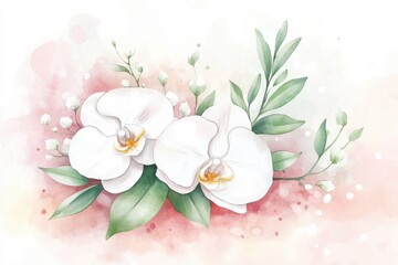 Fototapeta premium A beautiful illustration of white orchids surrounded by lush green leaves, highlighting their elegance and grace in a soft pastel background.