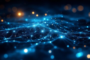 Obraz premium Digital network, glowing nodes, dark background, abstract tech