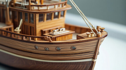 A classic wooden fishing boat with intricate craftsmanship showcasing the fine details of boatbuilding and carpentry.  AI generative