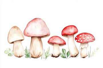 Obraz premium A collection of vividly illustrated mushrooms showcasing various sizes and colors, set against a clean white background, representing nature's beauty.