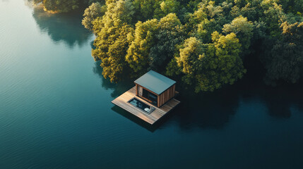 A serene eco cabin boat floats peacefully on a tranquil lake surrounded by nature. AI generative