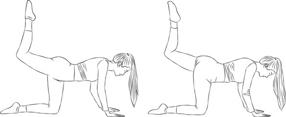 Single leg glute kick back pose, yoga and pilates exercise, Woman outline illustration.