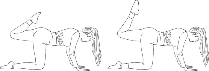 Glute kick back pose, Woman outline illustration, yoga and pilates exercise.