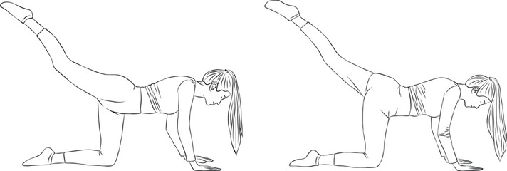 Shoulder bridge with glute kick back pose, yoga and pilates exercise, Woman outline illustration.