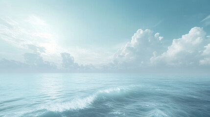Naklejka premium The mist over the light blue waves of the ocean creates a serene, calm atmosphere. AI generative