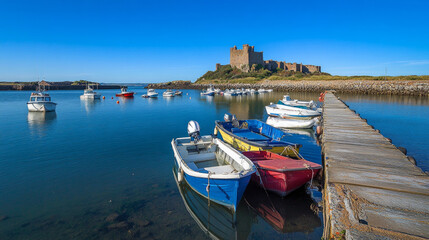 Fototapeta premium A peaceful morning at the harbor with fishing boats and pleasure yachts docked along the serene shoreline. AI generative