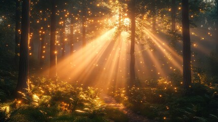 Forest path, magical light, sunrise, fairy lights