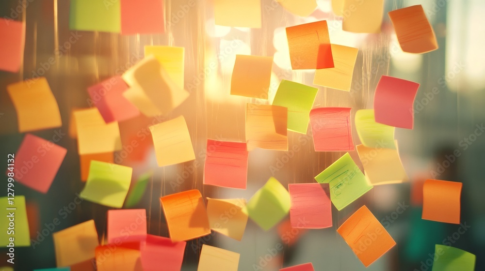 Poster Vibrant sticky notes scattered across a surface symbolize the chaos and stress of multitasking and time management. The bright colors highlight the urgency of deadlines and work pressures