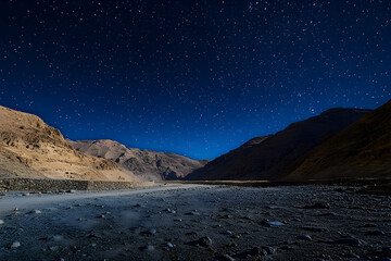 Enchanting starry night over the serene valley in Ladakh India landscape