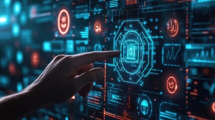 A hand pointing at a digital dashboard with various data visualizations and metrics.