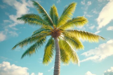 Tall palm tree against a bright blue sky with fluffy clouds. Ideal for travel, vacation, or tropical themes, evokes feelings of relaxation and paradise.