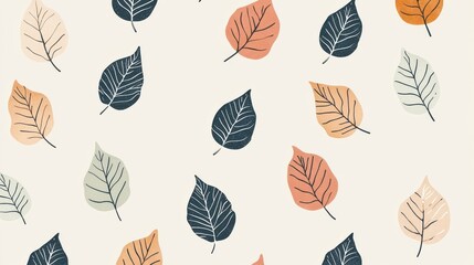 Fototapeta premium A seamless pattern featuring stylized leaves in various colors. Ideal for backgrounds, textiles, or nature-themed projects. Perfect for seasonal designs.