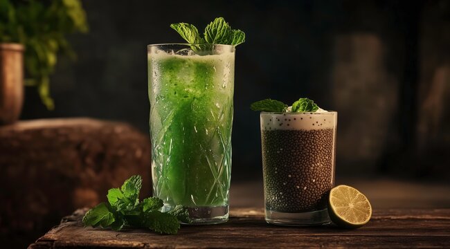 Refreshing Mint Elixirs: Two exquisite glasses of refreshing green mint elixirs, garnished with fresh mint leaves and a slice of lime, sit on a rustic wooden surface.