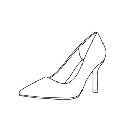 Technical sketch drawing of women's high stiletto heel pumps shoes, work shoes line art. Side view. Flat sketch vector. Isolated on a white background