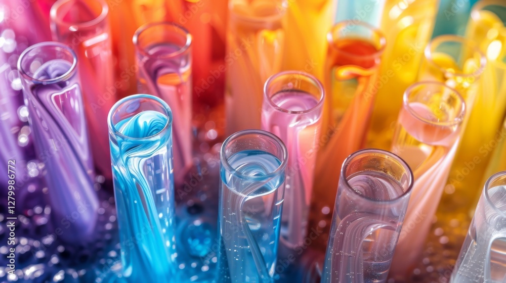 Aufkleber Brightly colored test tubes are arranged in a laboratory. Each tube holds various vibrant liquids swirling together, creating an eye catching array that's perfect for scientific exploration.